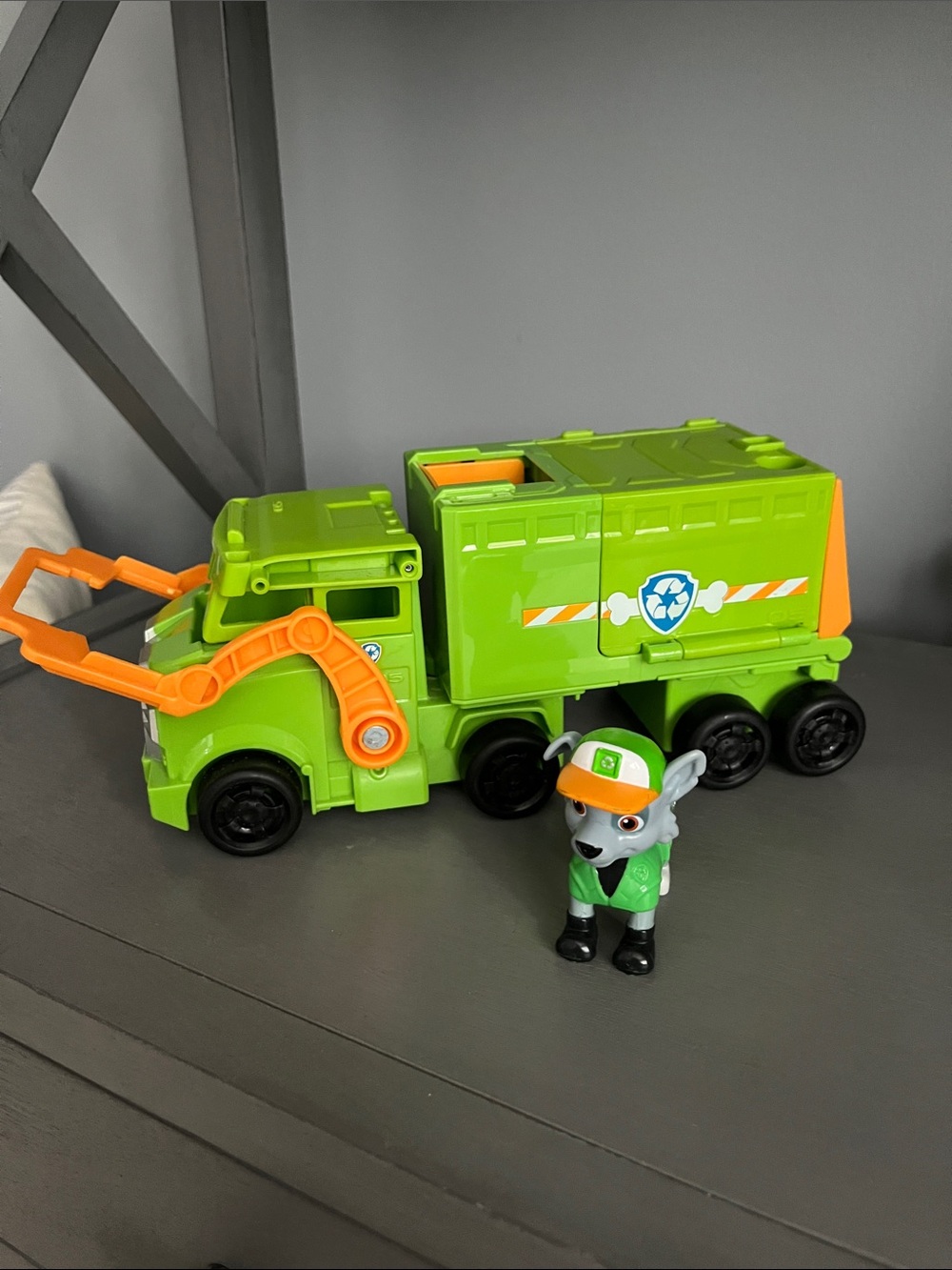 Paw Patrol Green Recycling Truck with Orange Accents and Rubble Figure